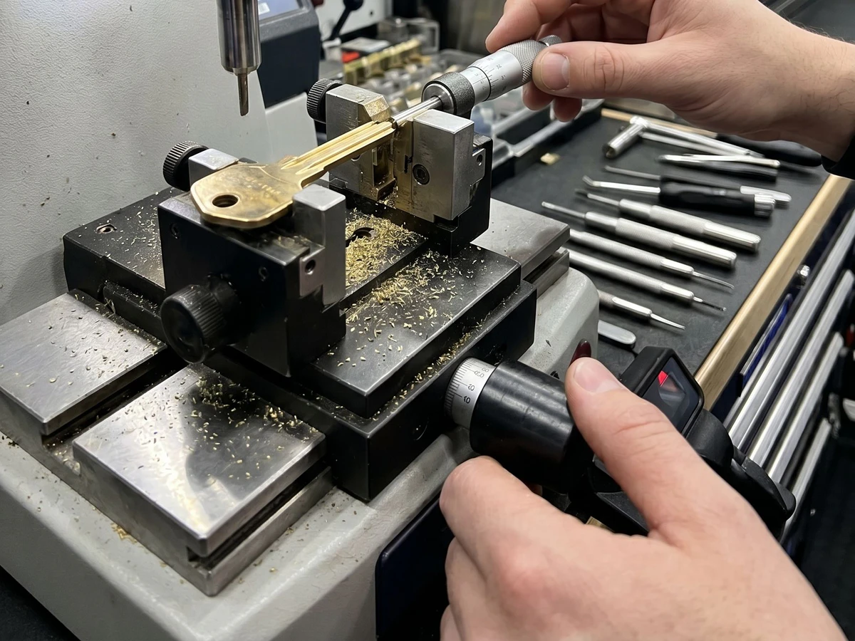 Locksmith cutting a key on a Silca machine inside a Toronto Premier Locksmith mobile service van