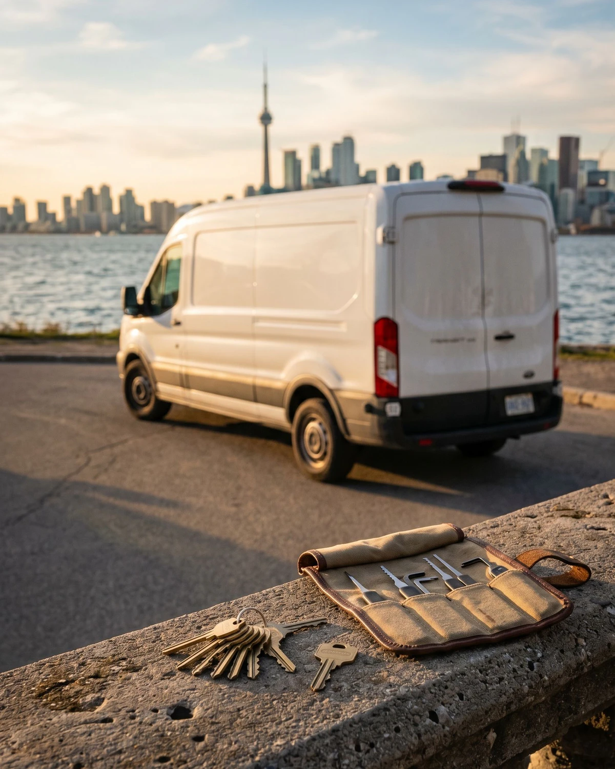 Locksmith keys and pick tools on a Toronto waterfront ledge with an unmarked mobile van and the CN Tower skyline at golden hour
