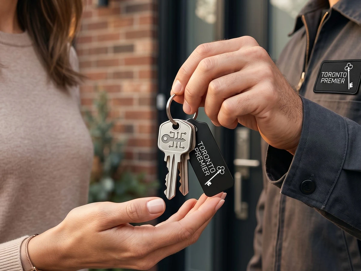 Toronto Premier Locksmith technician handing new house keys to a customer in front of a Toronto-area home